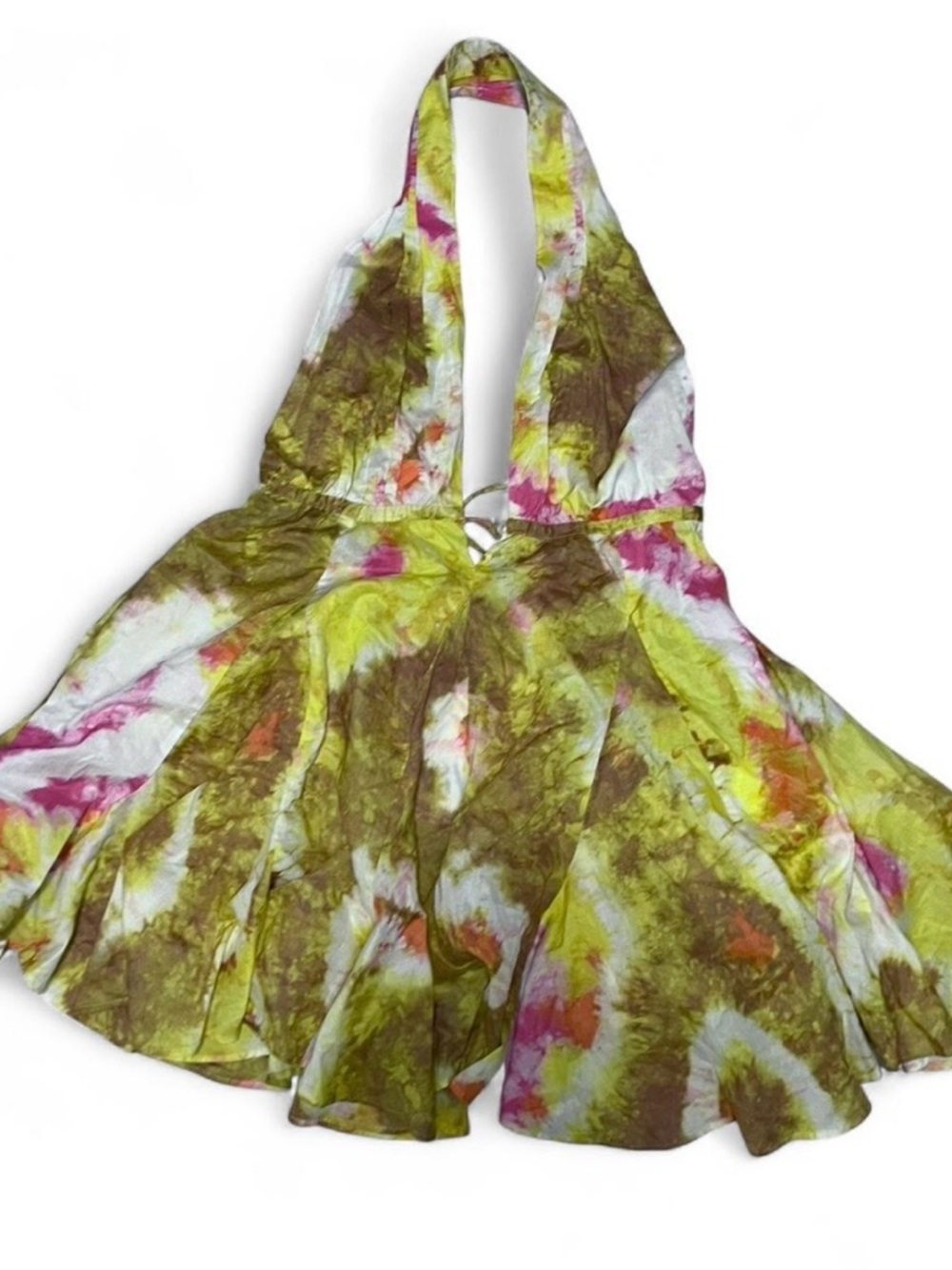 Zara Tie Dye Halter Mini Dress Lime Pink Flared Dress Size Large NWT Women’s